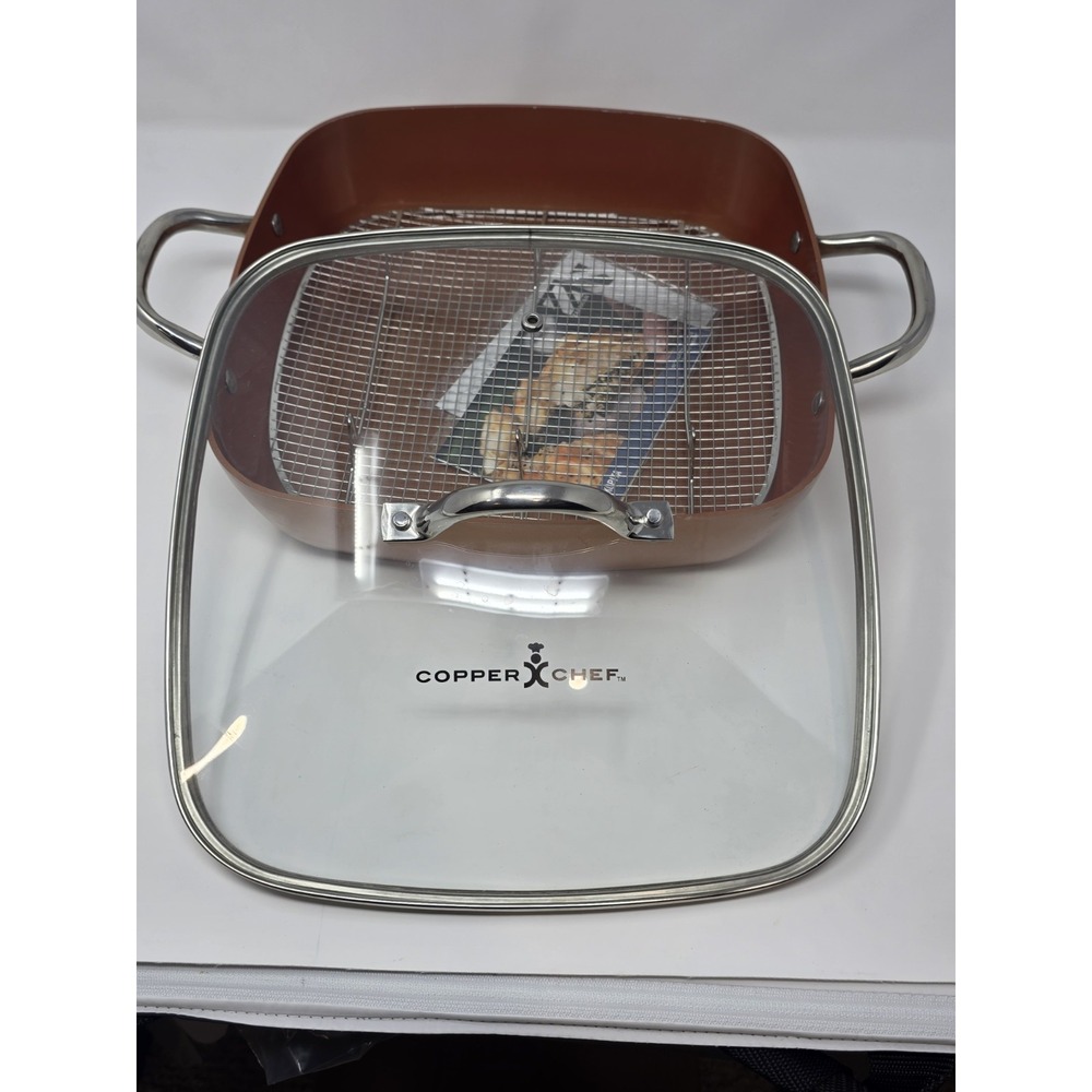 New Copper Chef 12" Square Deep Fry Pan Skillet w/ Glass Lid Rack Recipe Book